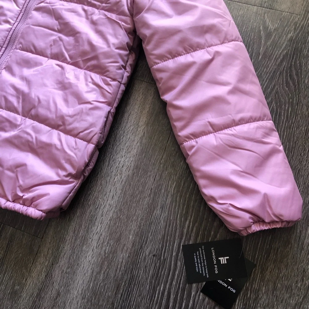 London Fog Girls Puffer Jacket Hooded Coat L 14/16 Mauve Pink Warm Winter - Picture 2 of 9